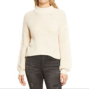 BP. Nordstrom Cropped Cable Balloon Sleeve Sweater Beige Oatmeal High Neck NWT